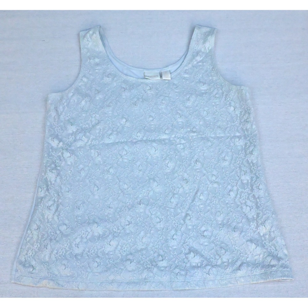 Chicos Vintage 90s Womens 2/L Blue Lace Overlay Tank Top Sleeveless Scoop Neck
